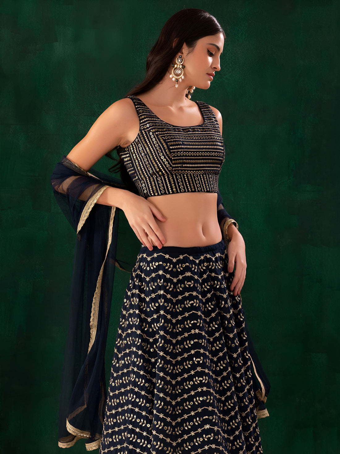Elegant Blue Lehenga Choli with Golden Embroidery and Dupatta