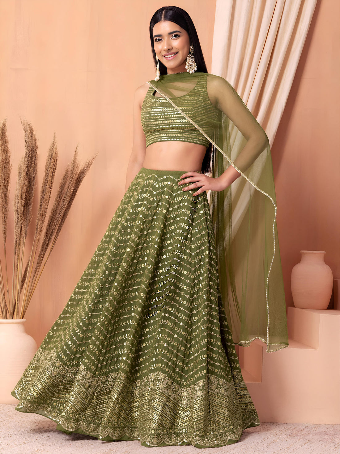 Olive Green Lehenga Choli with Golden Embroidery and Dupatta