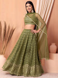 Olive Green Lehenga Choli with Golden Embroidery and Dupatta