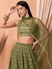 Olive Green Lehenga Choli with Golden Embroidery and Dupatta