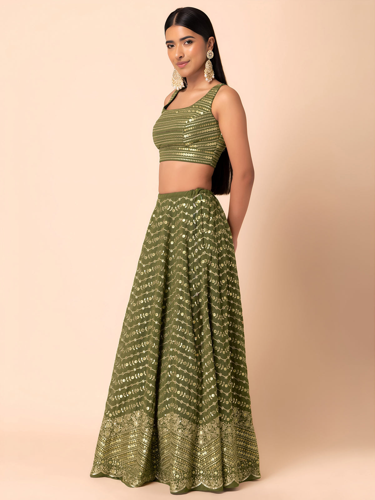 Olive Green Lehenga Choli with Golden Embroidery and Dupatta