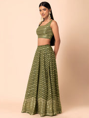 Olive Green Lehenga Choli with Golden Embroidery and Dupatta