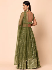 Olive Green Lehenga Choli with Golden Embroidery and Dupatta