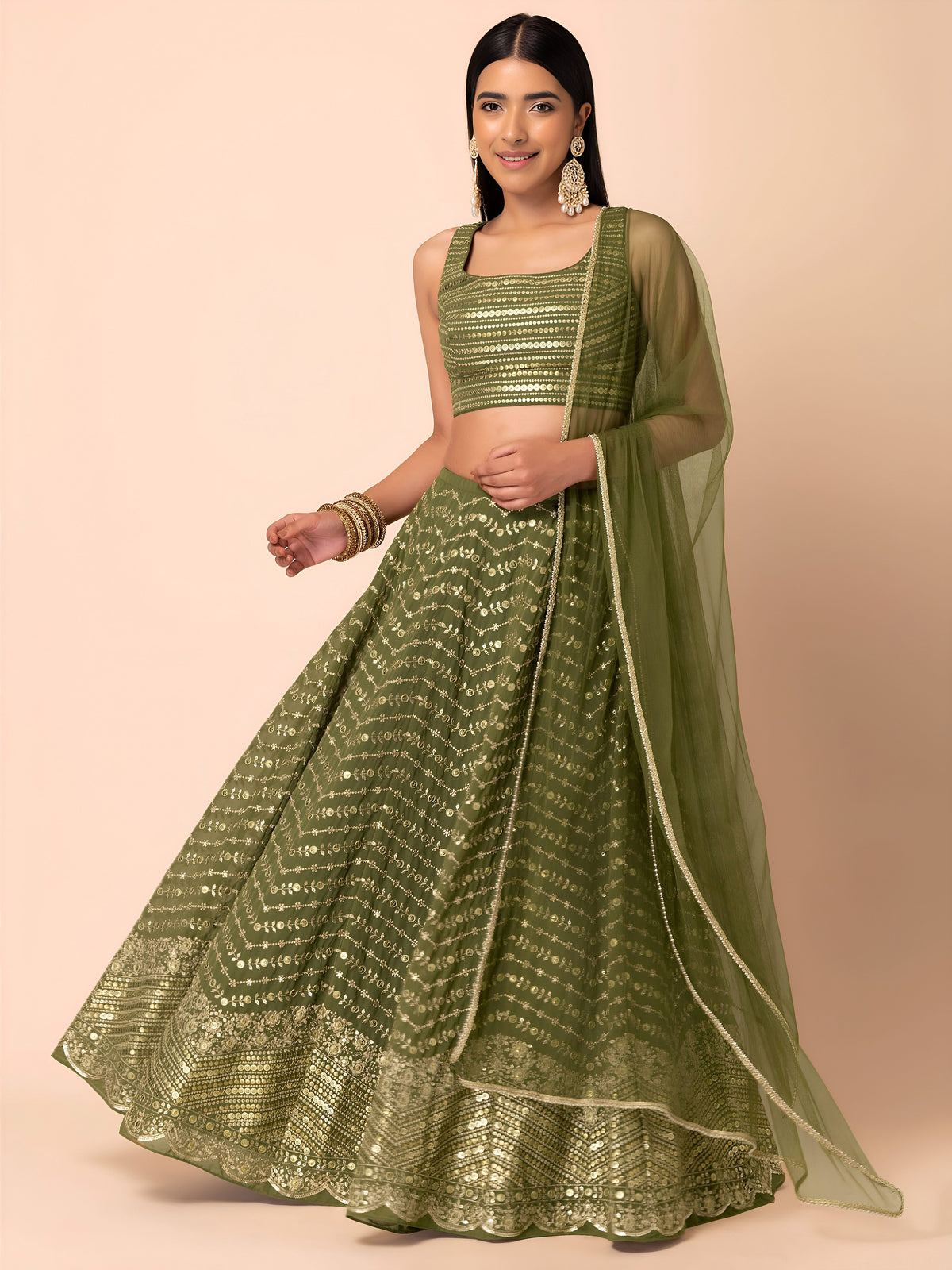 Olive Green Lehenga Choli with Golden Embroidery and Dupatta
