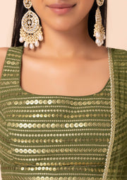 Olive Green Lehenga Choli with Golden Embroidery and Dupatta