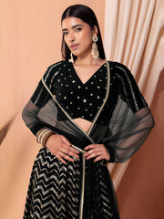 Black Sequins Chevron Lehenga Choli with Embroidered Dupatta