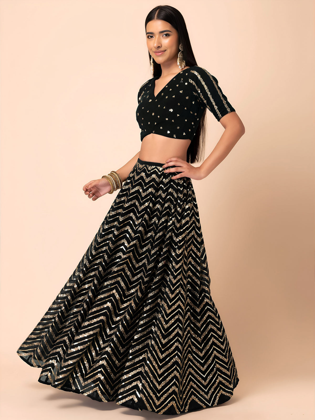 Black Sequins Chevron Lehenga Choli with Embroidered Dupatta