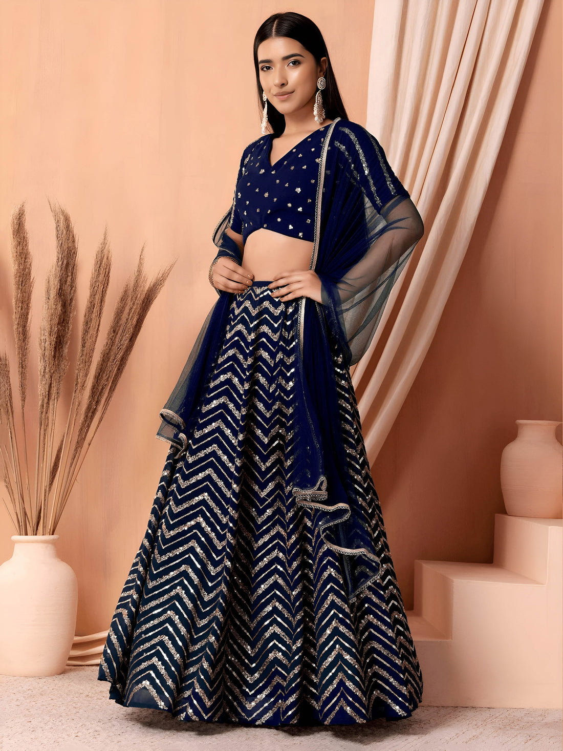 Navy Blue Sequins Chevron Lehenga Choli with Embroidered Dupatta