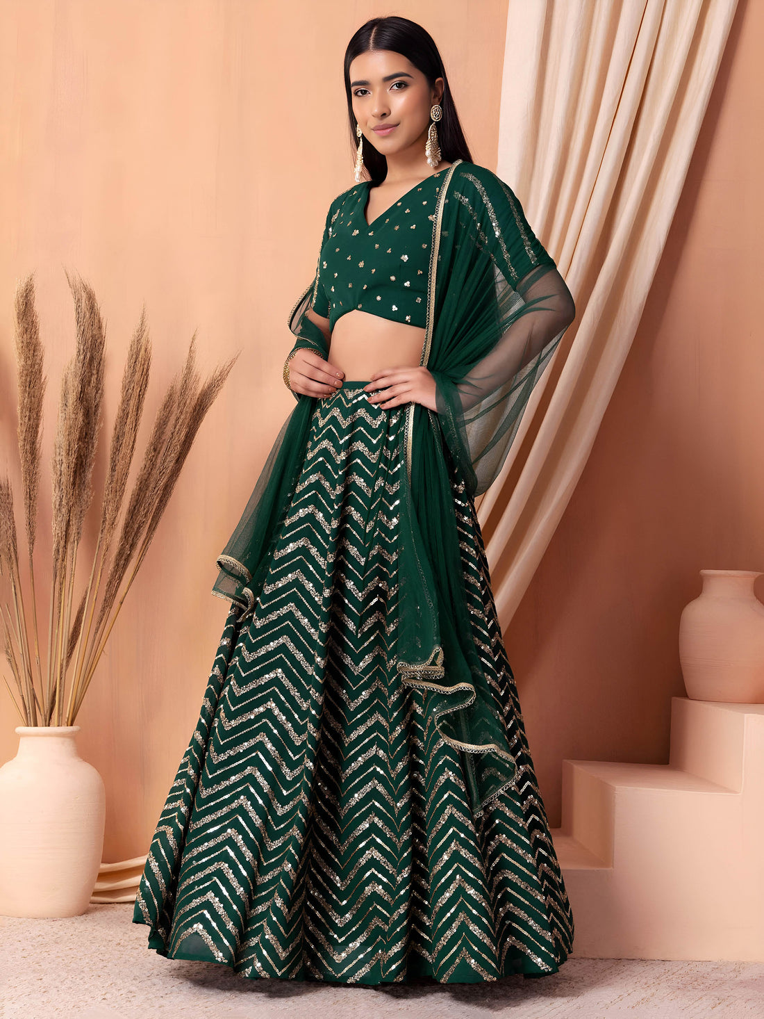 Emerald Green Sequins Chevron Lehenga Choli with Embroidered Dupatta