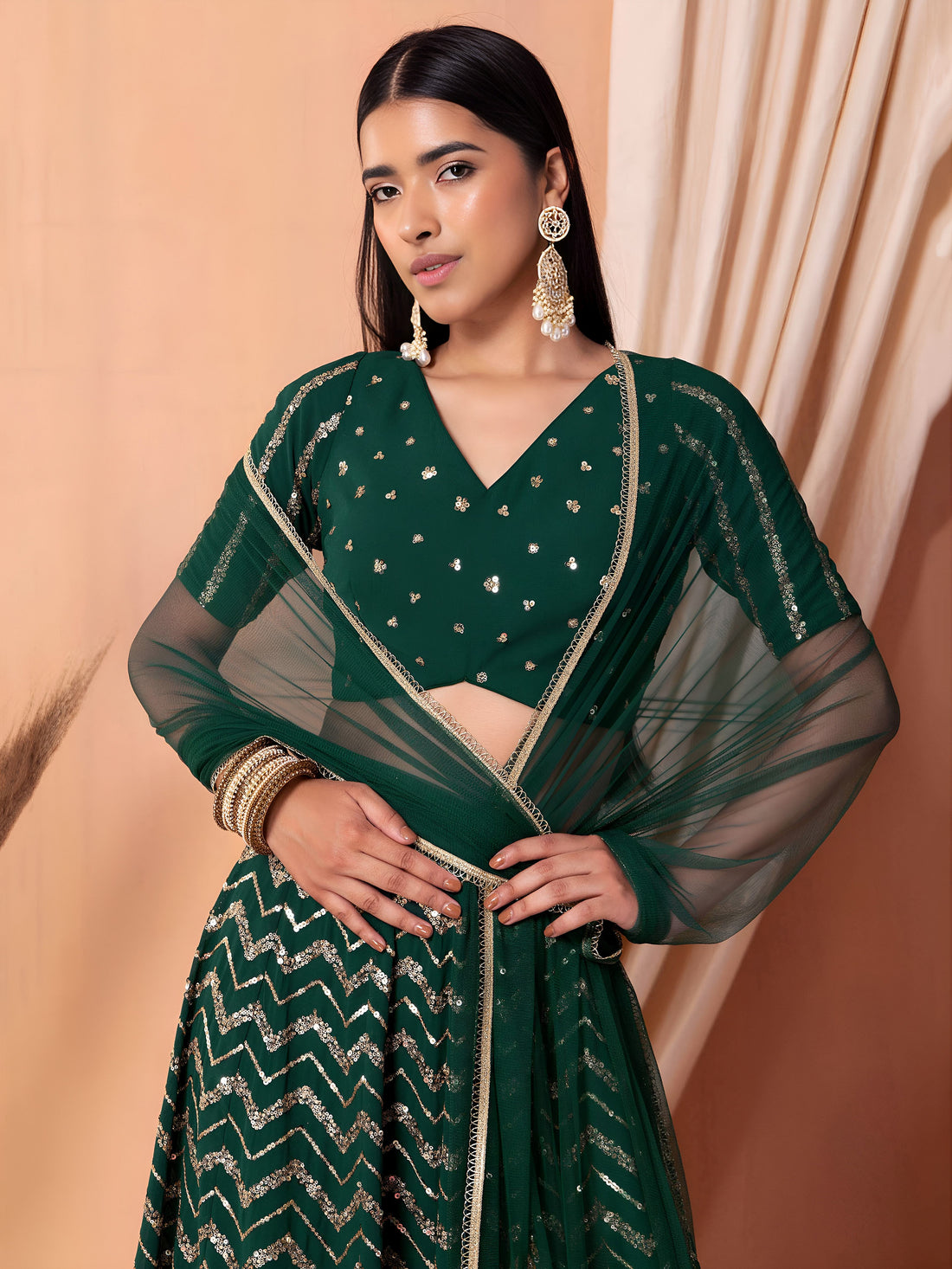 Emerald Green Sequins Chevron Lehenga Choli with Embroidered Dupatta