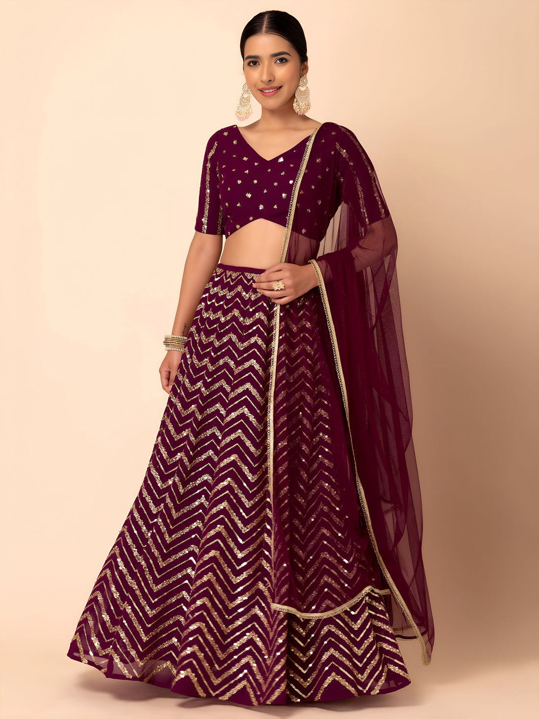 Maroon Sequins Chevron Lehenga Choli with Gold Embroidered Dupatta