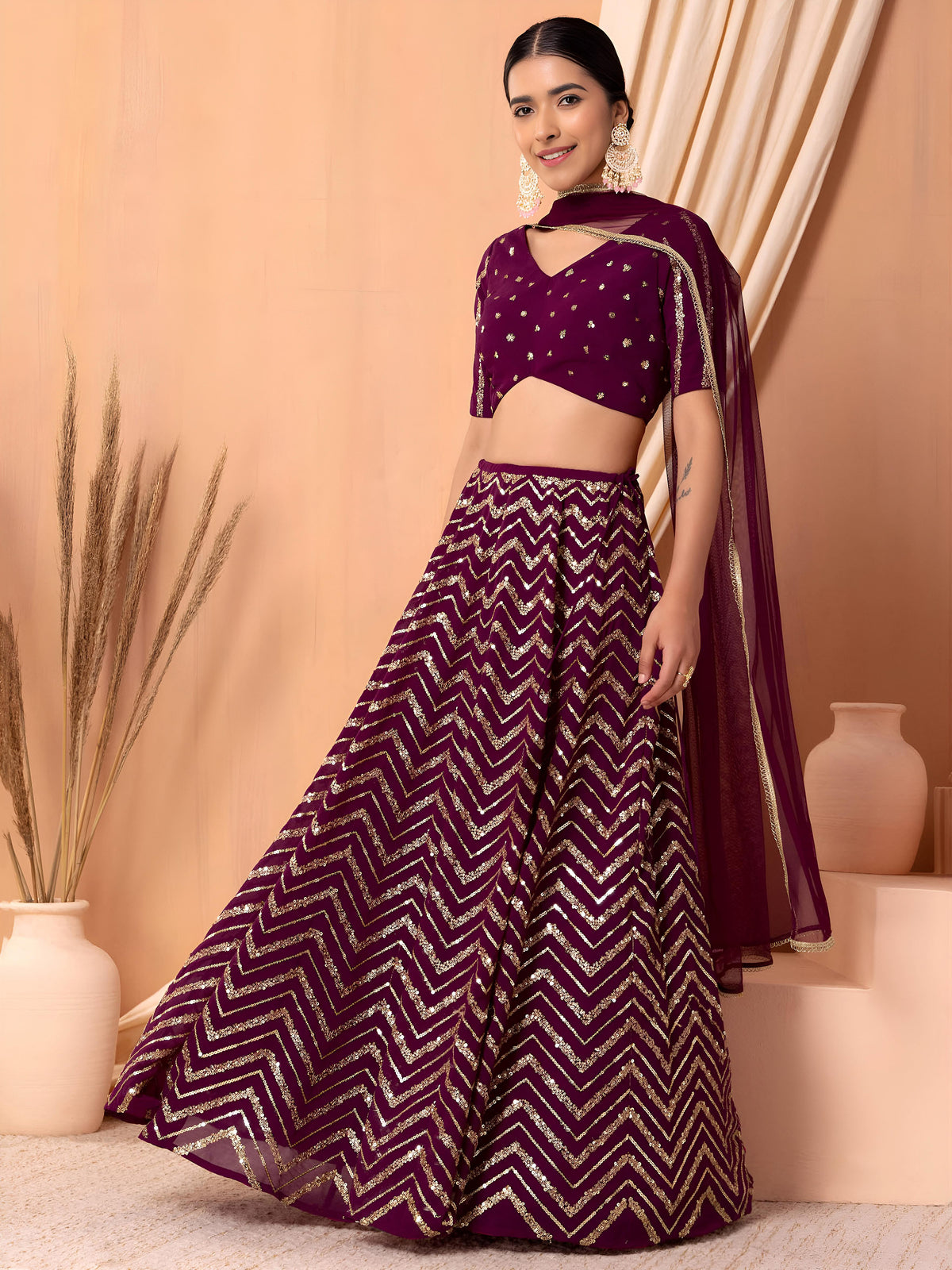 Maroon Sequins Chevron Lehenga Choli with Gold Embroidered Dupatta