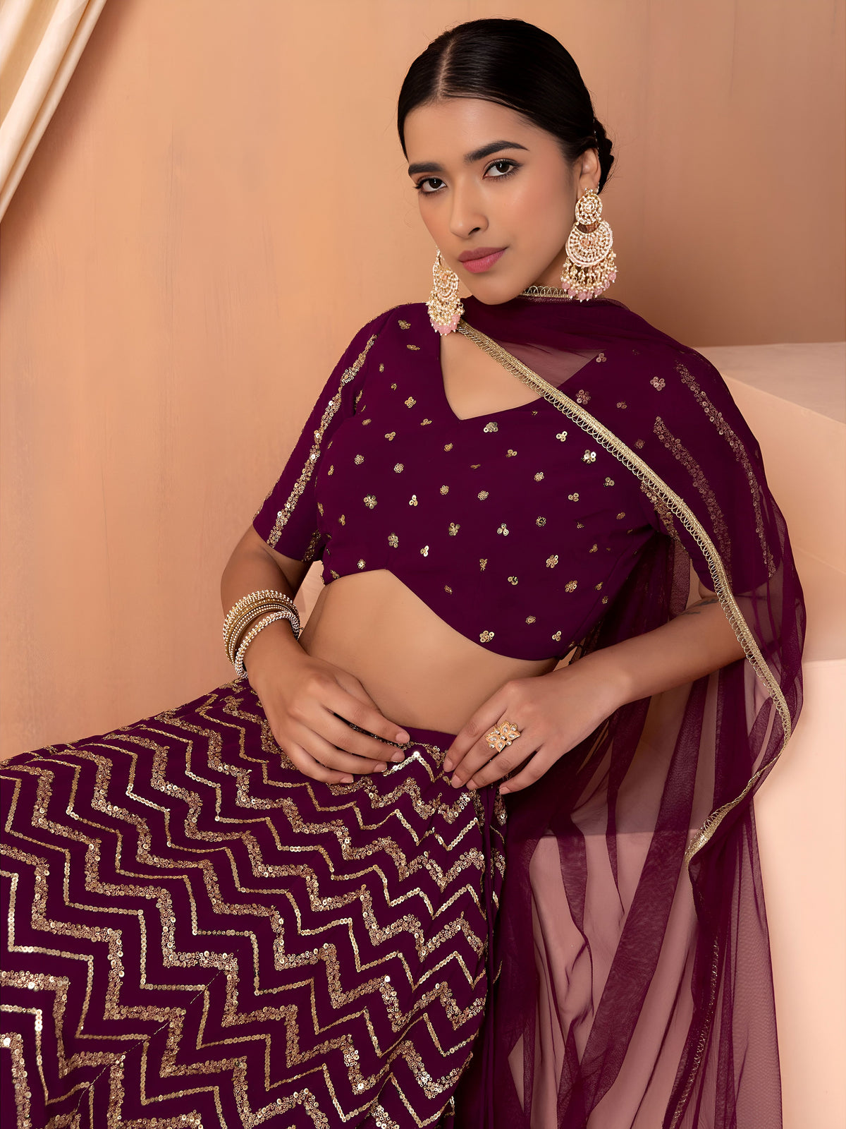 Maroon Sequins Chevron Lehenga Choli with Gold Embroidered Dupatta