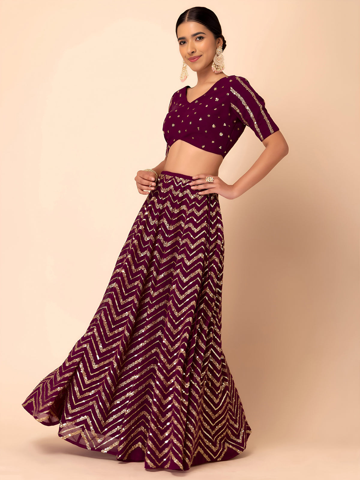 Maroon Sequins Chevron Lehenga Choli with Gold Embroidered Dupatta