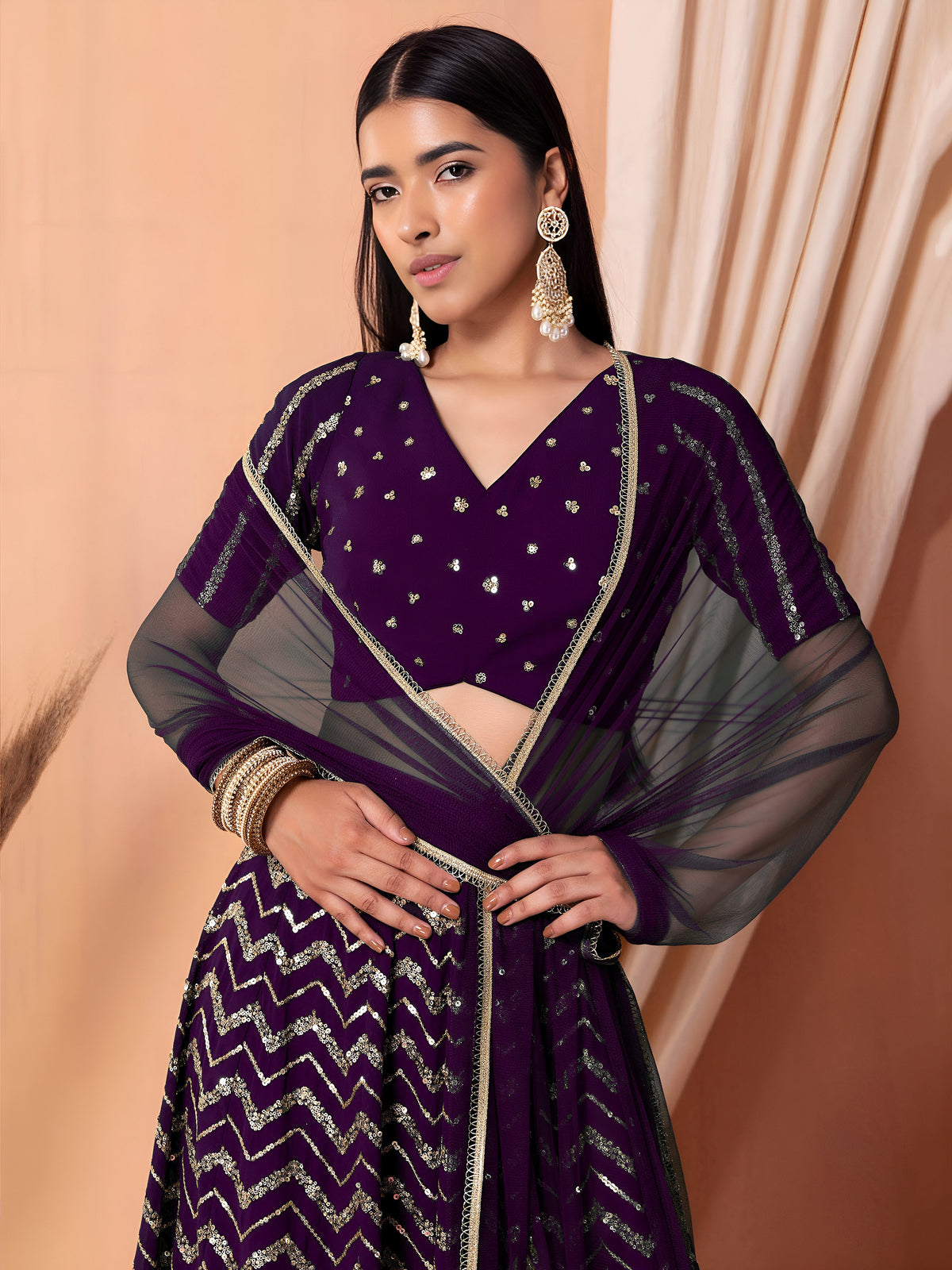 Royal Purple Sequins Chevron Lehenga Choli with Embroidered Dupatta