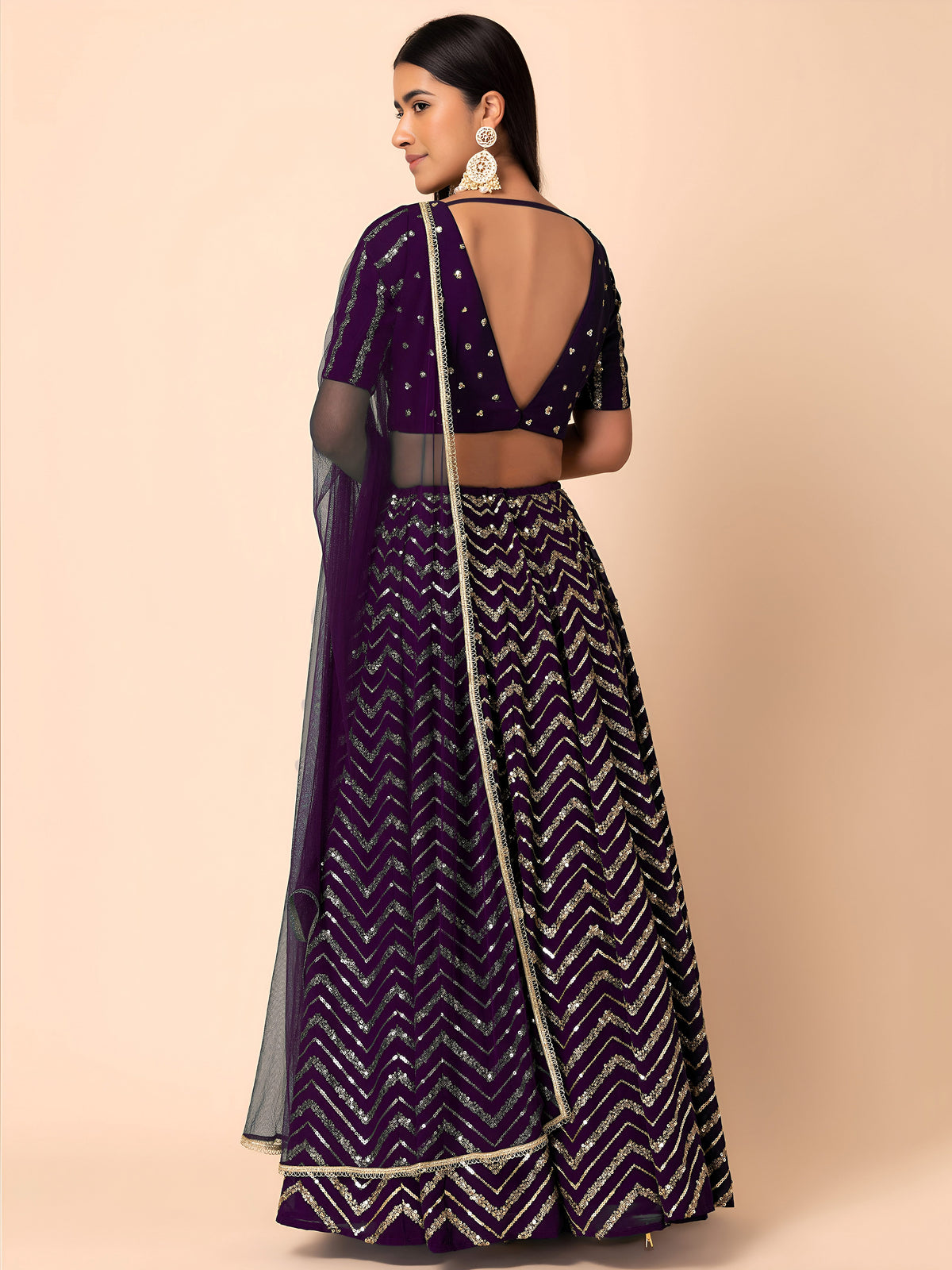 Royal Purple Sequins Chevron Lehenga Choli with Embroidered Dupatta