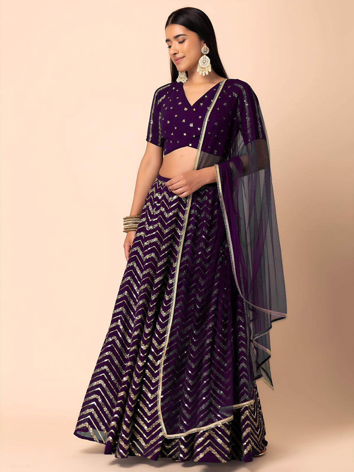 Royal Purple Sequins Chevron Lehenga Choli with Embroidered Dupatta