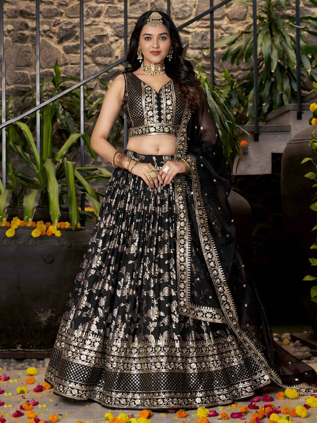 Black Silver Embroidered Bridal Lehenga Choli with Dupatta
