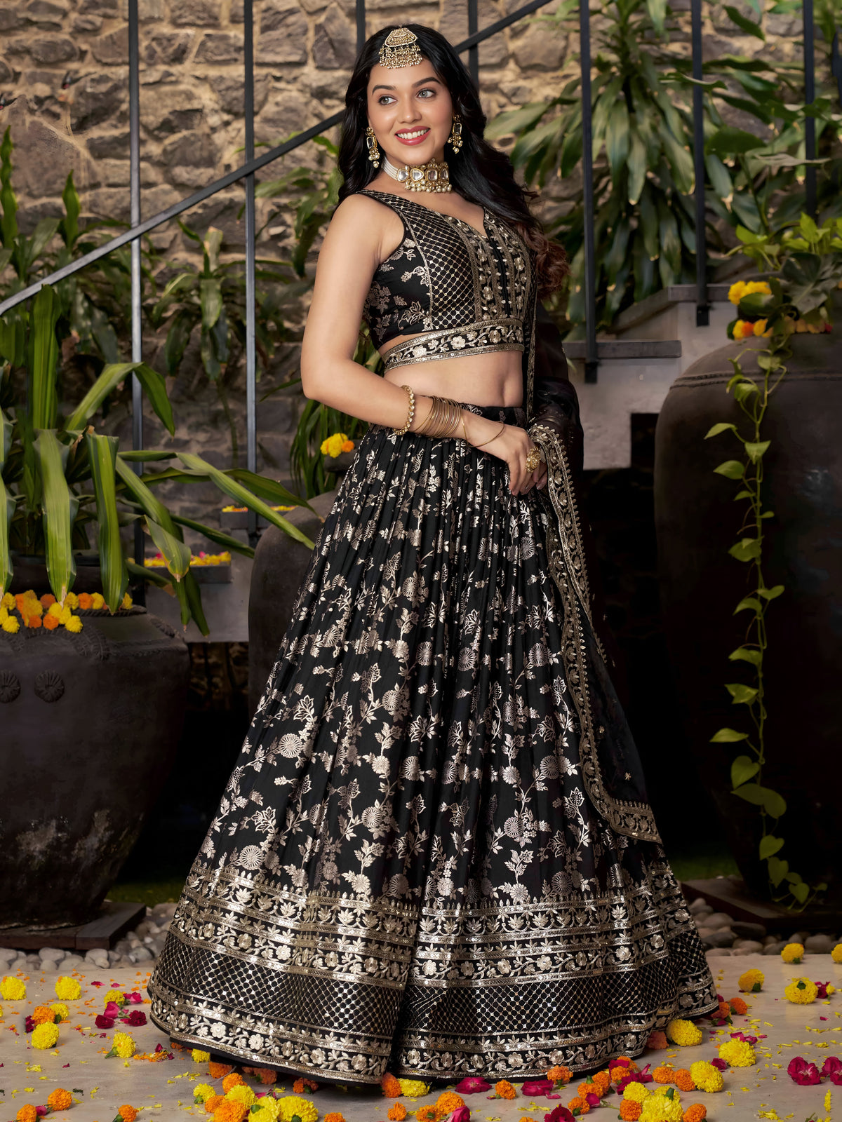 Black Silver Embroidered Bridal Lehenga Choli with Dupatta