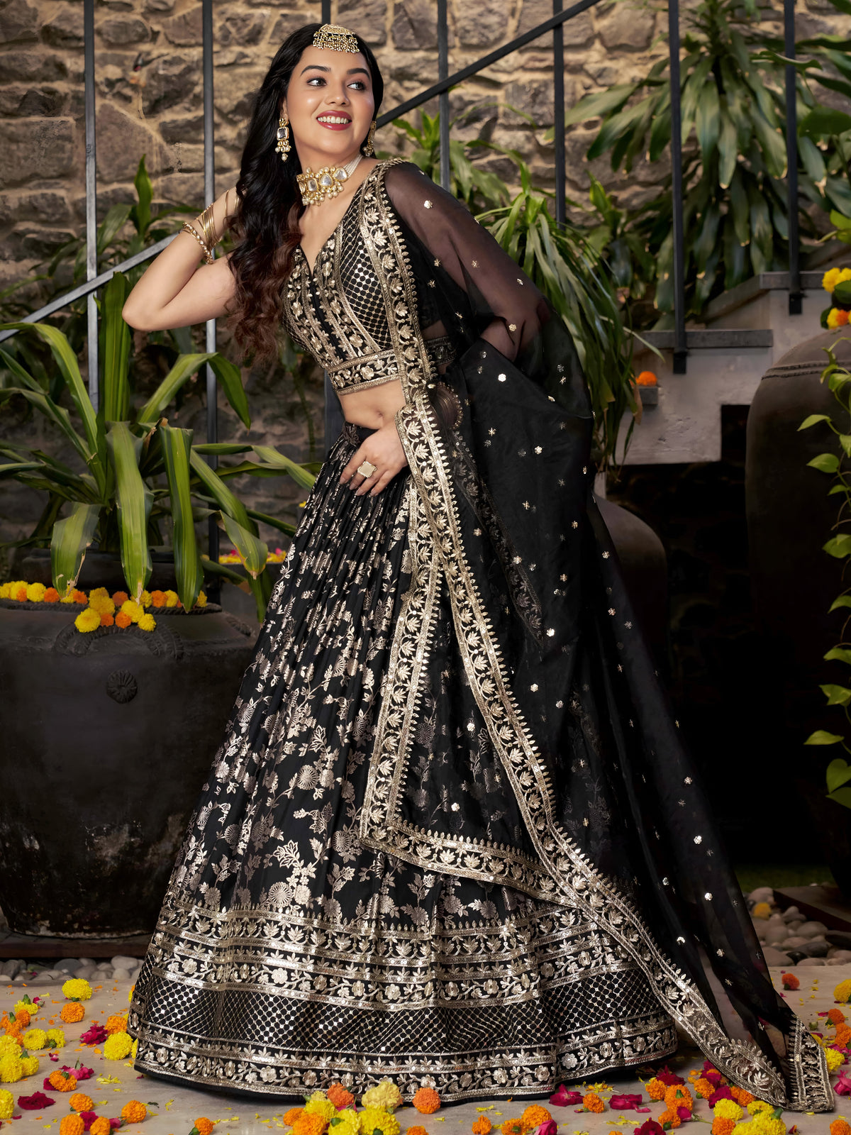 Black Silver Embroidered Bridal Lehenga Choli with Dupatta
