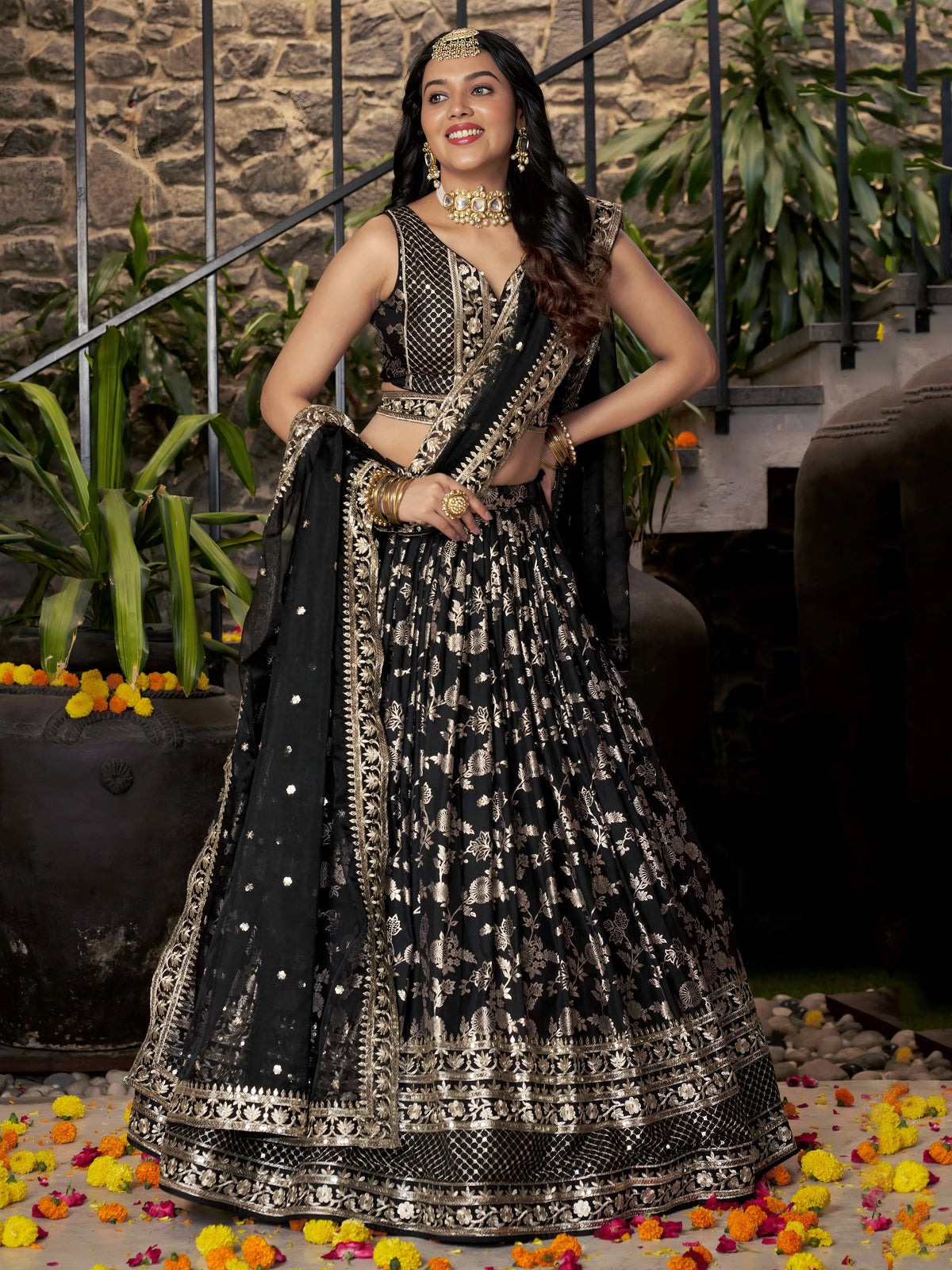 Black Silver Embroidered Bridal Lehenga Choli with Dupatta