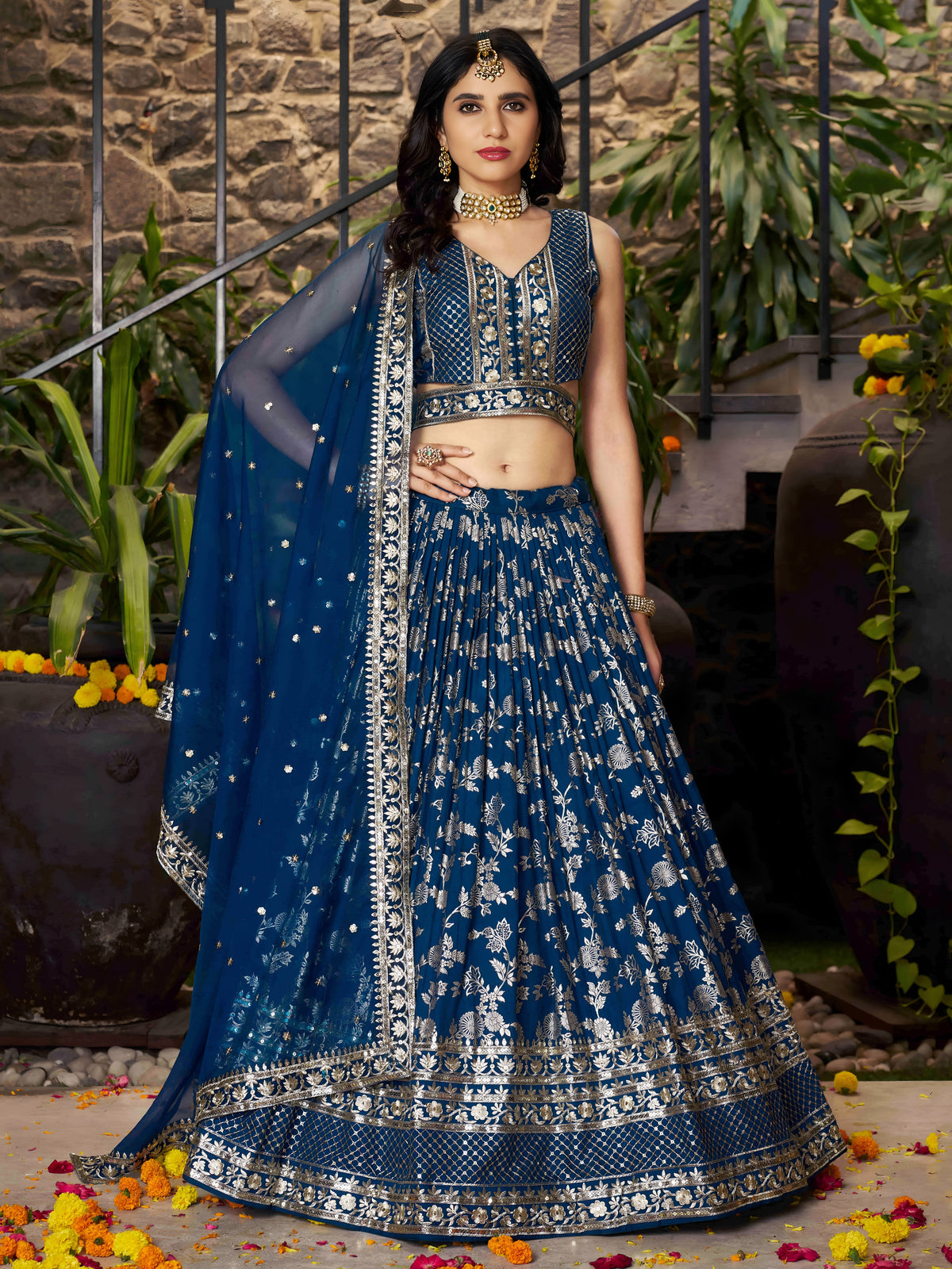 Royal Blue Silver Embroidered Lehenga Choli with Dupatta