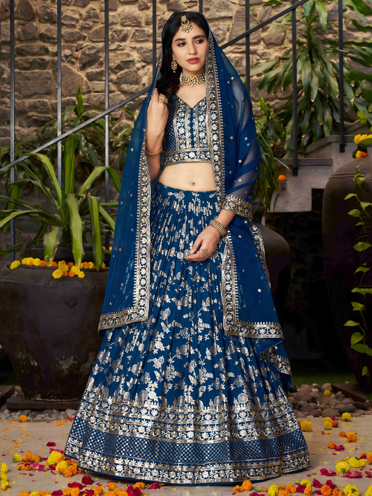 Royal Blue Silver Embroidered Lehenga Choli with Dupatta