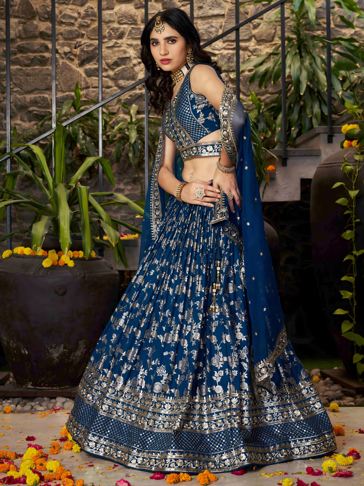 Royal Blue Silver Embroidered Lehenga Choli with Dupatta