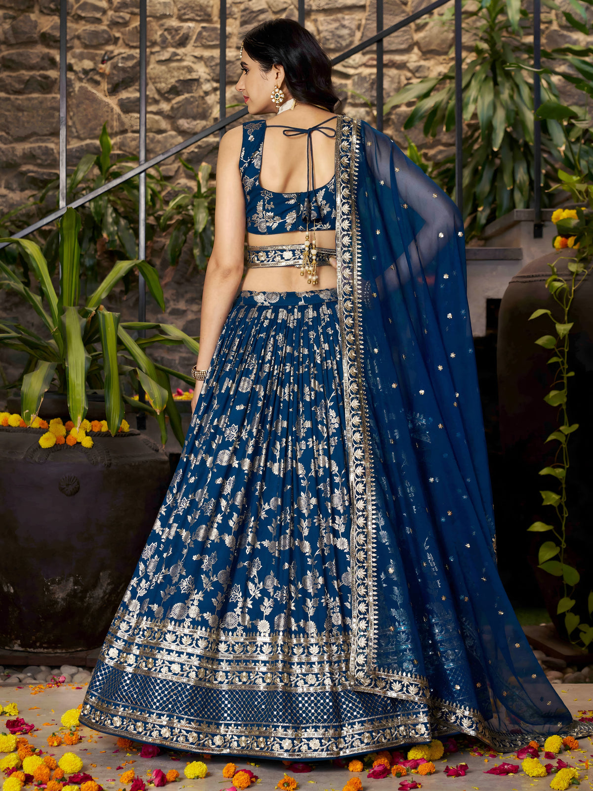 Royal Blue Silver Embroidered Lehenga Choli with Dupatta