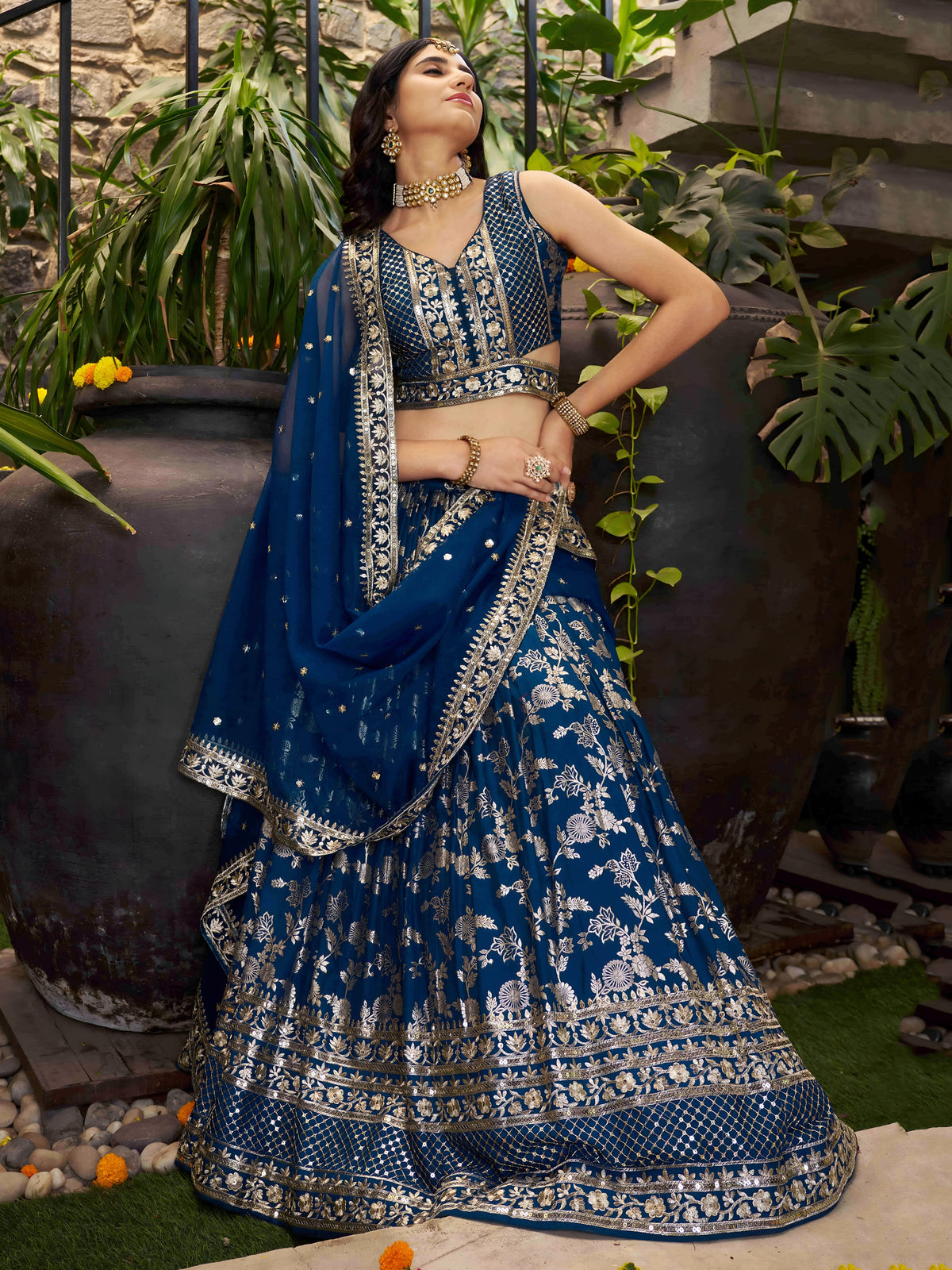 Royal Blue Silver Embroidered Lehenga Choli with Dupatta