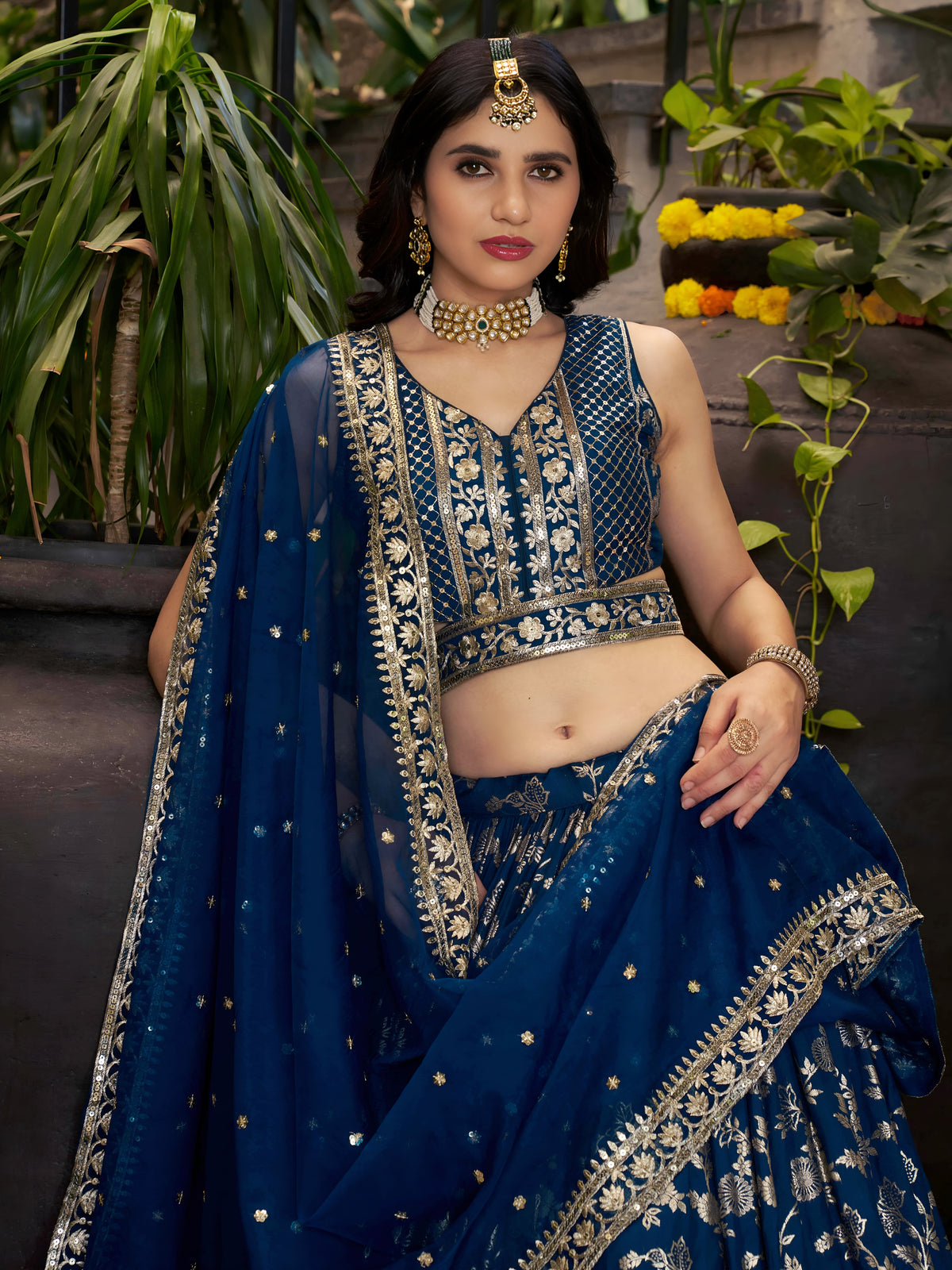 Royal Blue Silver Embroidered Lehenga Choli with Dupatta