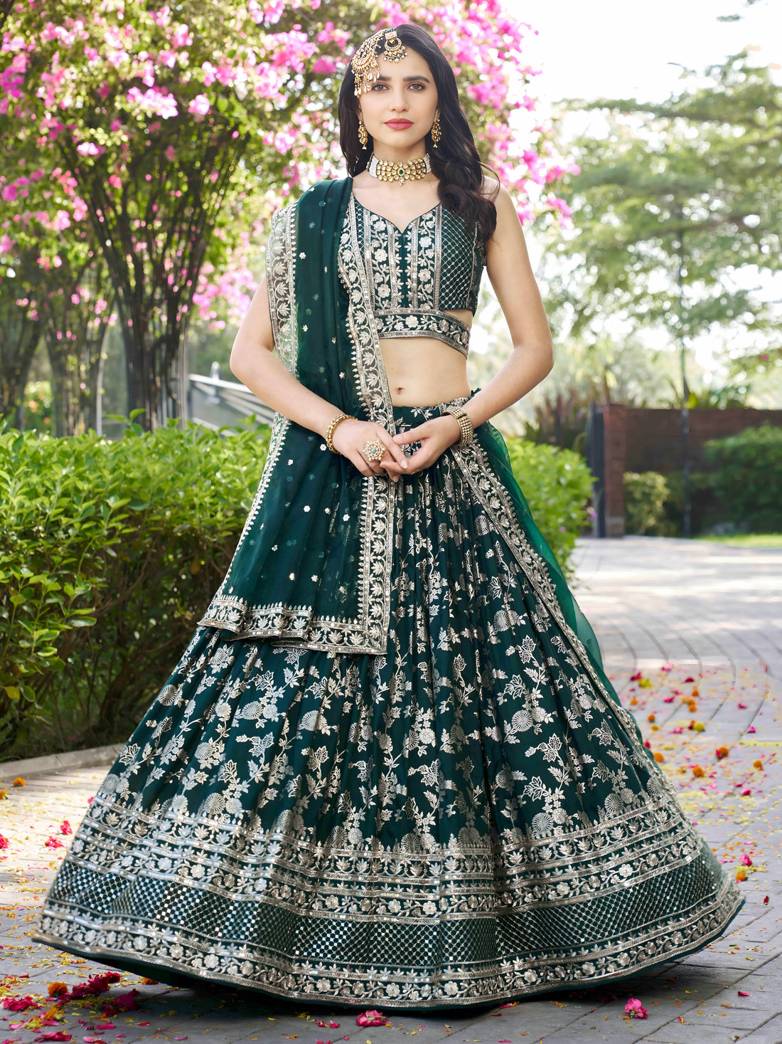 Bottle Green Silver Embroidered Bridal Lehenga Choli with Dupatta