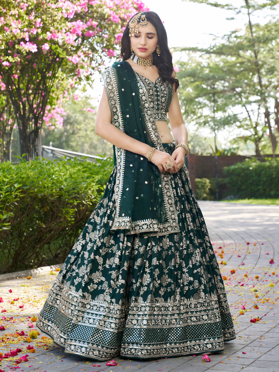 Bottle Green Silver Embroidered Bridal Lehenga Choli with Dupatta