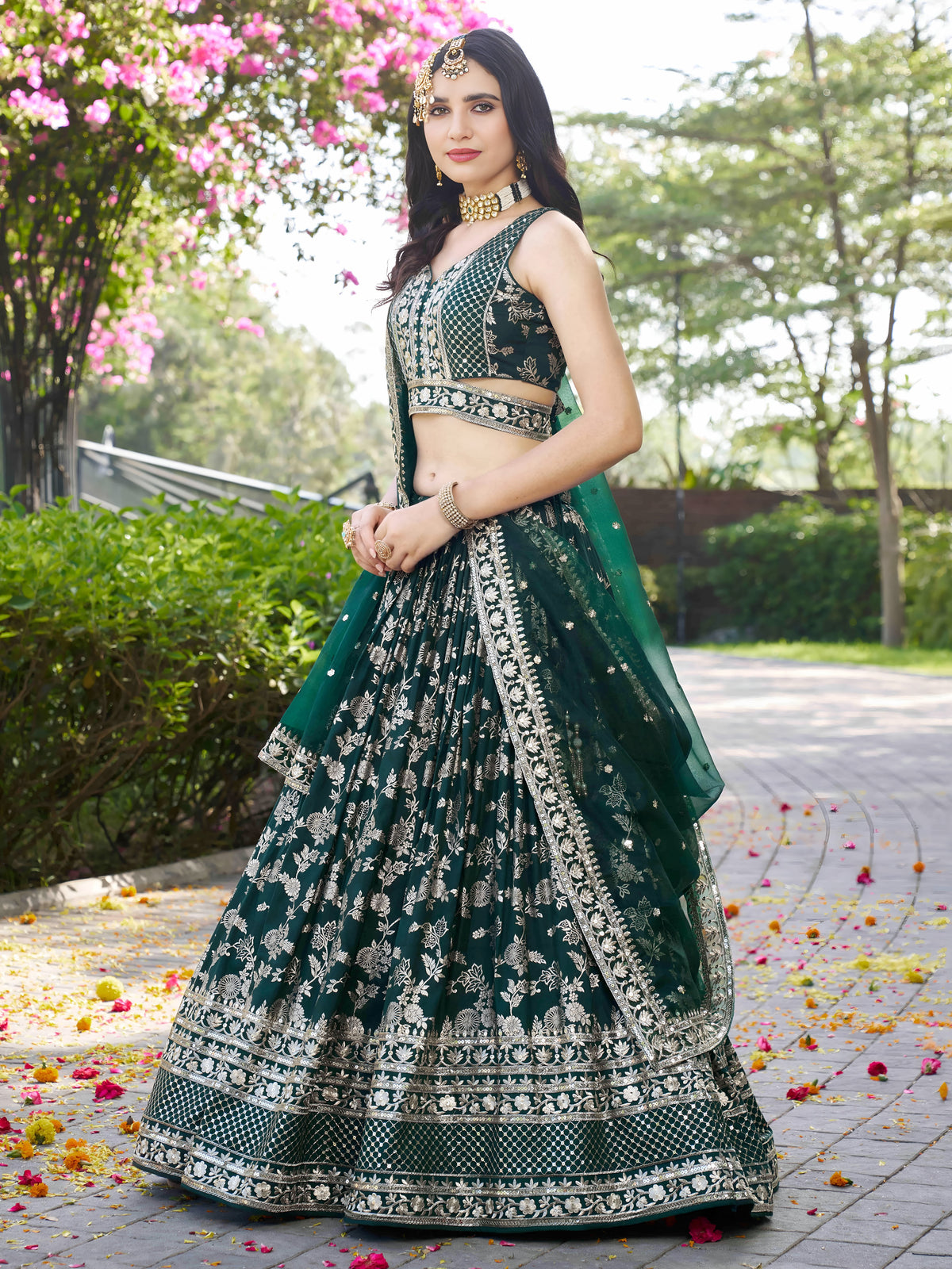 Bottle Green Silver Embroidered Bridal Lehenga Choli with Dupatta