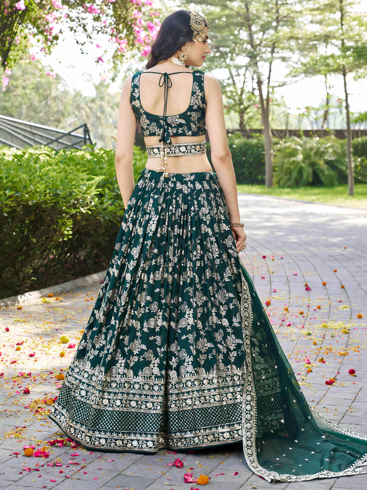 Bottle Green Silver Embroidered Bridal Lehenga Choli with Dupatta