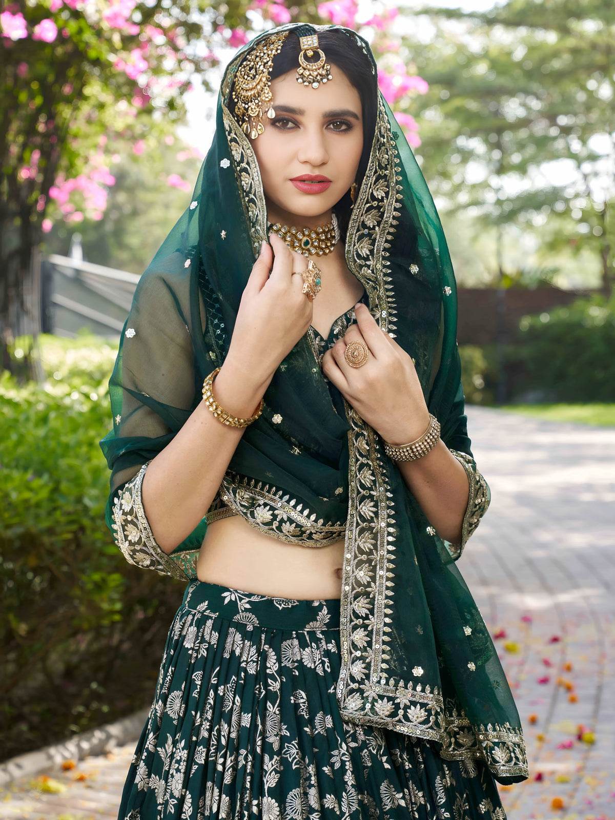 Bottle Green Silver Embroidered Bridal Lehenga Choli with Dupatta