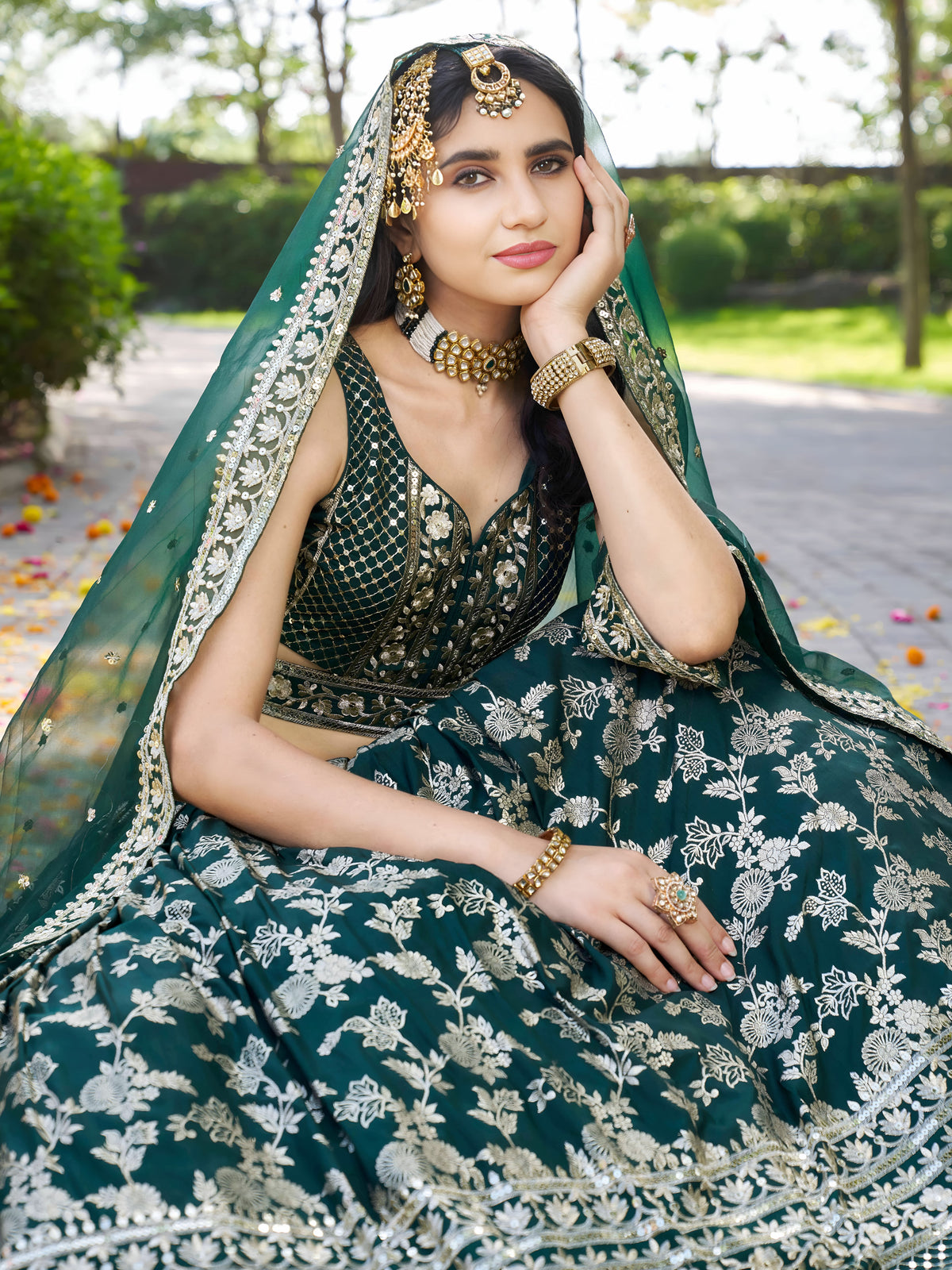 Bottle Green Silver Embroidered Bridal Lehenga Choli with Dupatta
