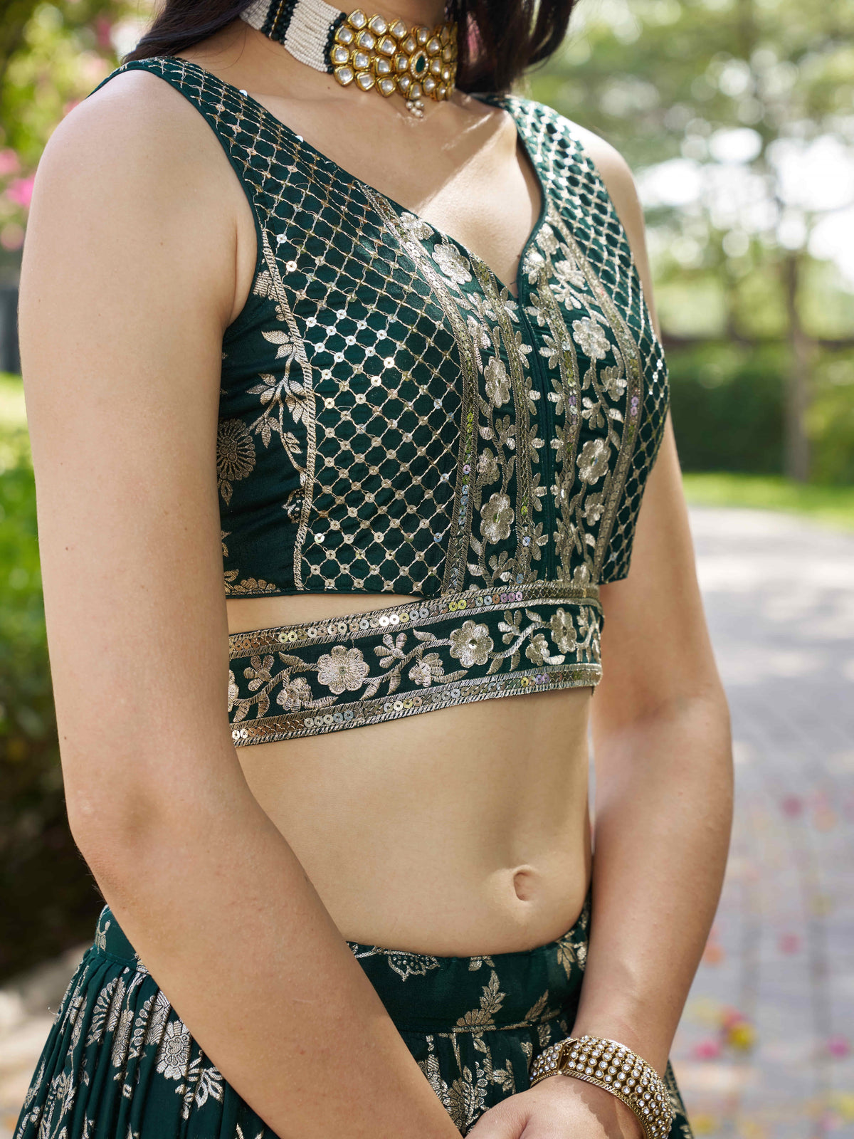 Bottle Green Silver Embroidered Bridal Lehenga Choli with Dupatta