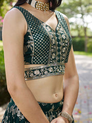 Bottle Green Silver Embroidered Bridal Lehenga Choli with Dupatta