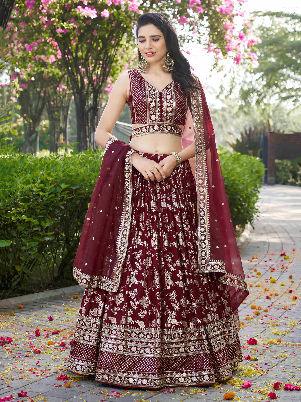 Maroon Silver Embroidered Bridal Lehenga Choli with Dupatta