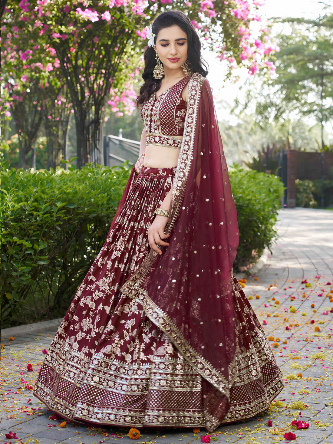 Maroon Silver Embroidered Bridal Lehenga Choli with Dupatta