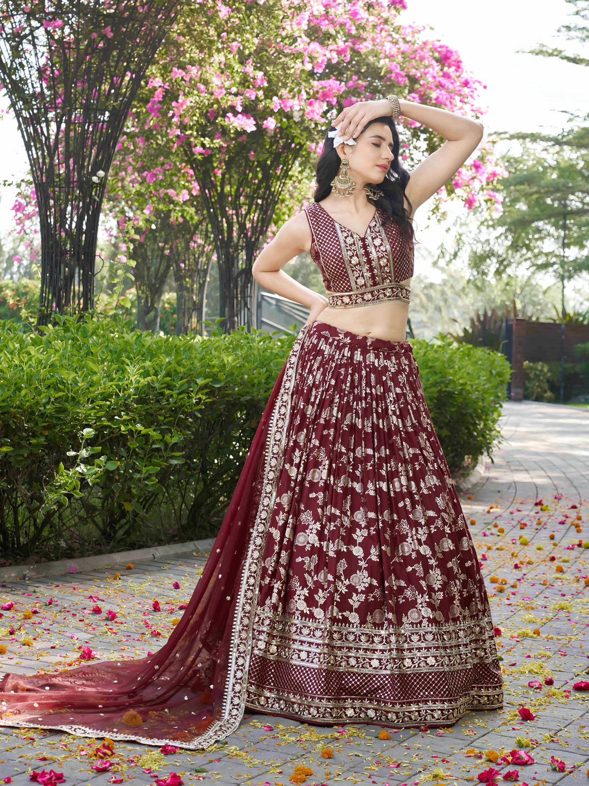 Maroon Silver Embroidered Bridal Lehenga Choli with Dupatta