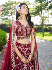 Maroon Silver Embroidered Bridal Lehenga Choli with Dupatta