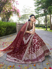 Maroon Silver Embroidered Bridal Lehenga Choli with Dupatta