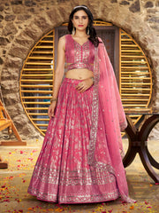 Peach Pink Silver Embroidered Bridal Lehenga Choli with Dupatta