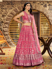 Peach Pink Silver Embroidered Bridal Lehenga Choli with Dupatta