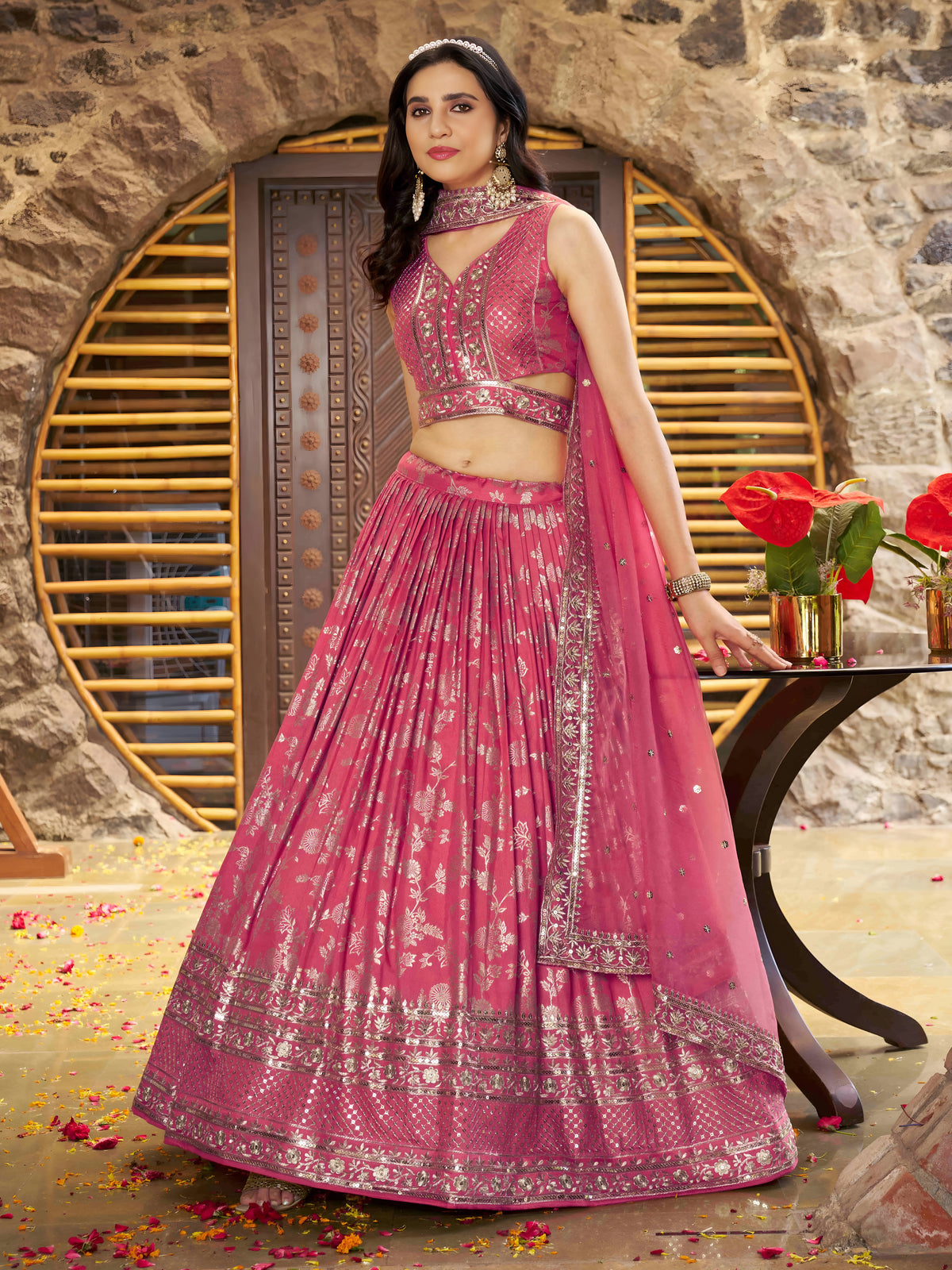 Peach Pink Silver Embroidered Bridal Lehenga Choli with Dupatta