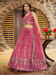 Peach Pink Silver Embroidered Bridal Lehenga Choli with Dupatta