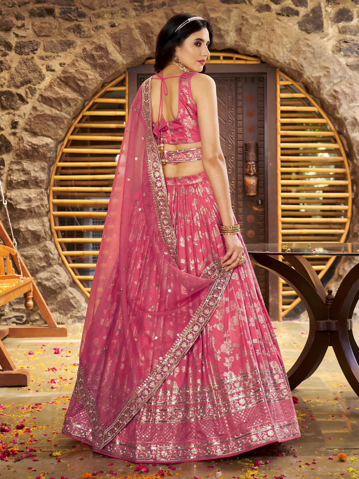 Peach Pink Silver Embroidered Bridal Lehenga Choli with Dupatta