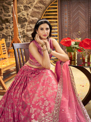 Peach Pink Silver Embroidered Bridal Lehenga Choli with Dupatta